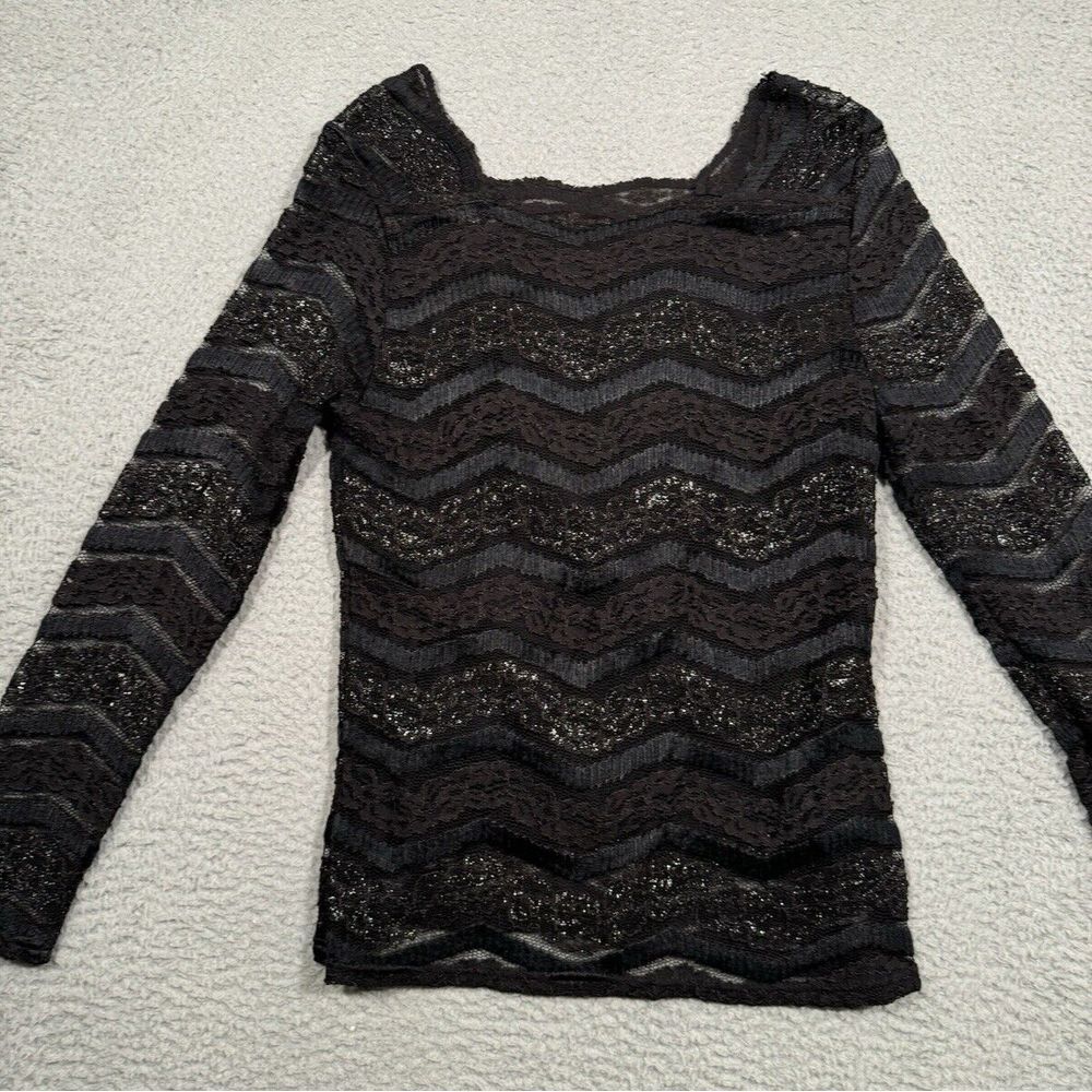 Vintage CG Designs Large L Black Top Long Sleeve‎ Lace Chevron Square Neck USA